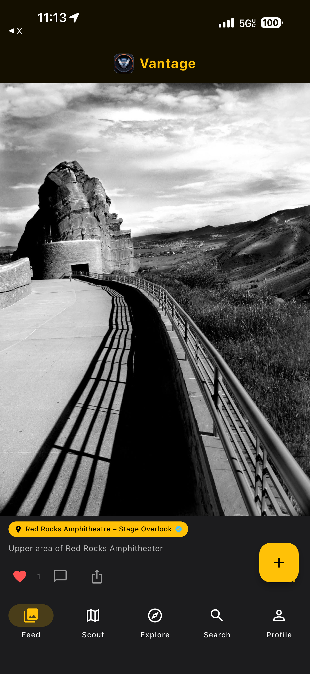 Community photo feed with B&W shot of Red Rocks Amphitheatre stage overlook