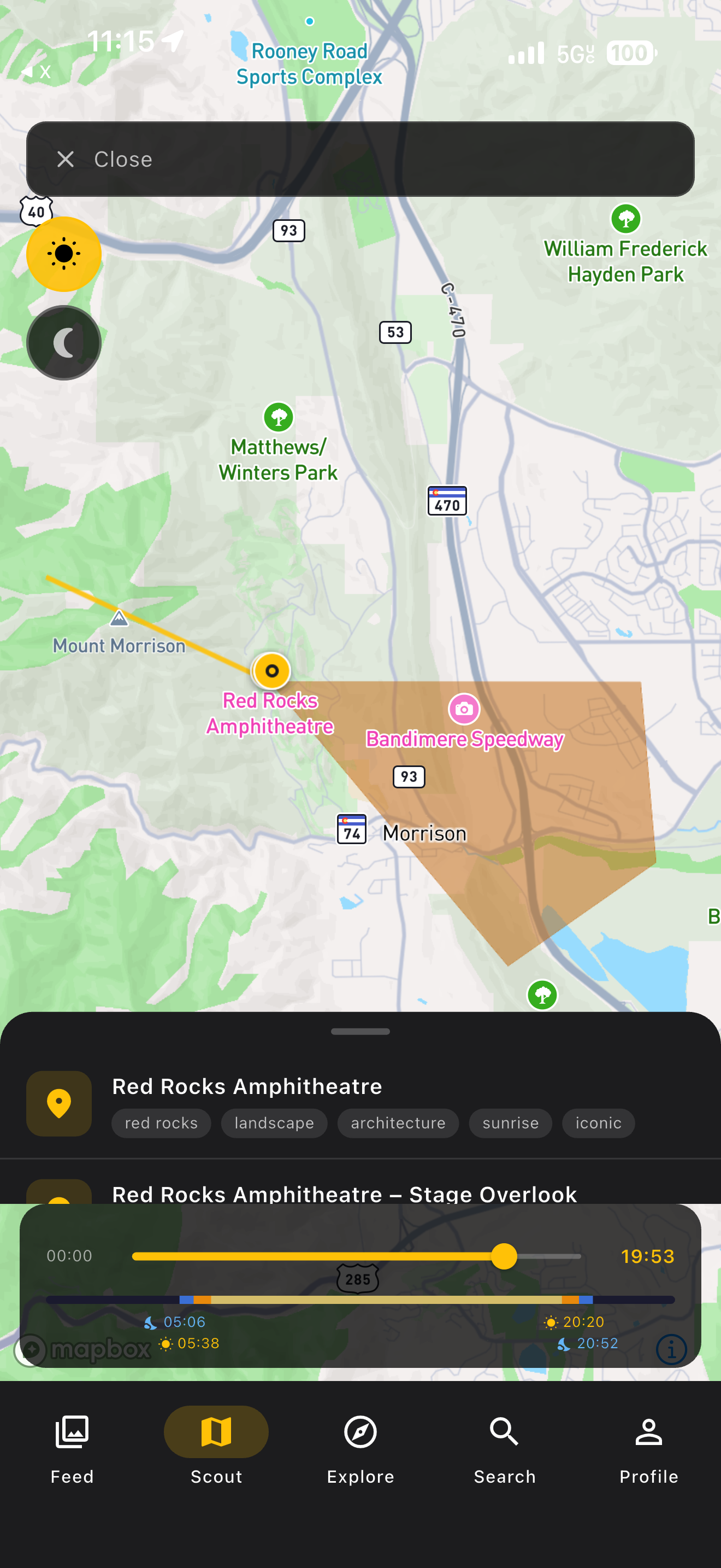 Vantage scout map showing Red Rocks Amphitheatre with sun angle overlay and location card
