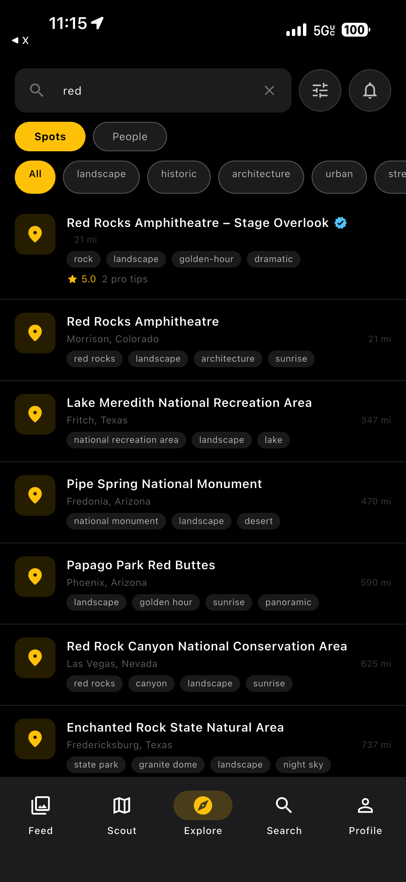Explore screen showing nearby locations with tags and distances
