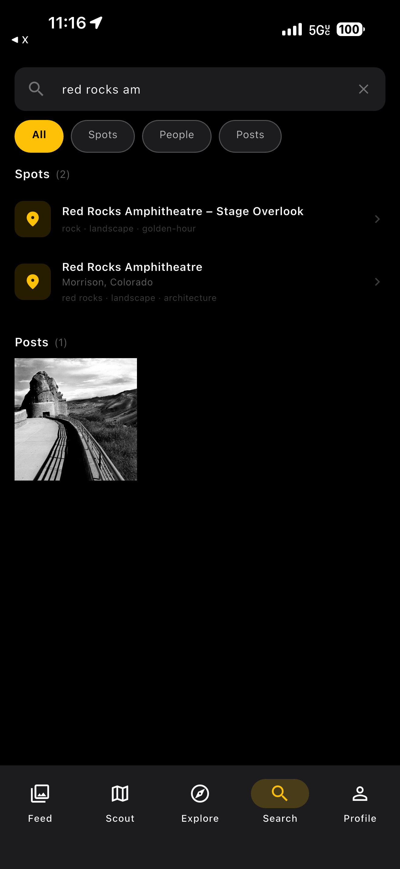 Search screen showing spot and post results for Red Rocks