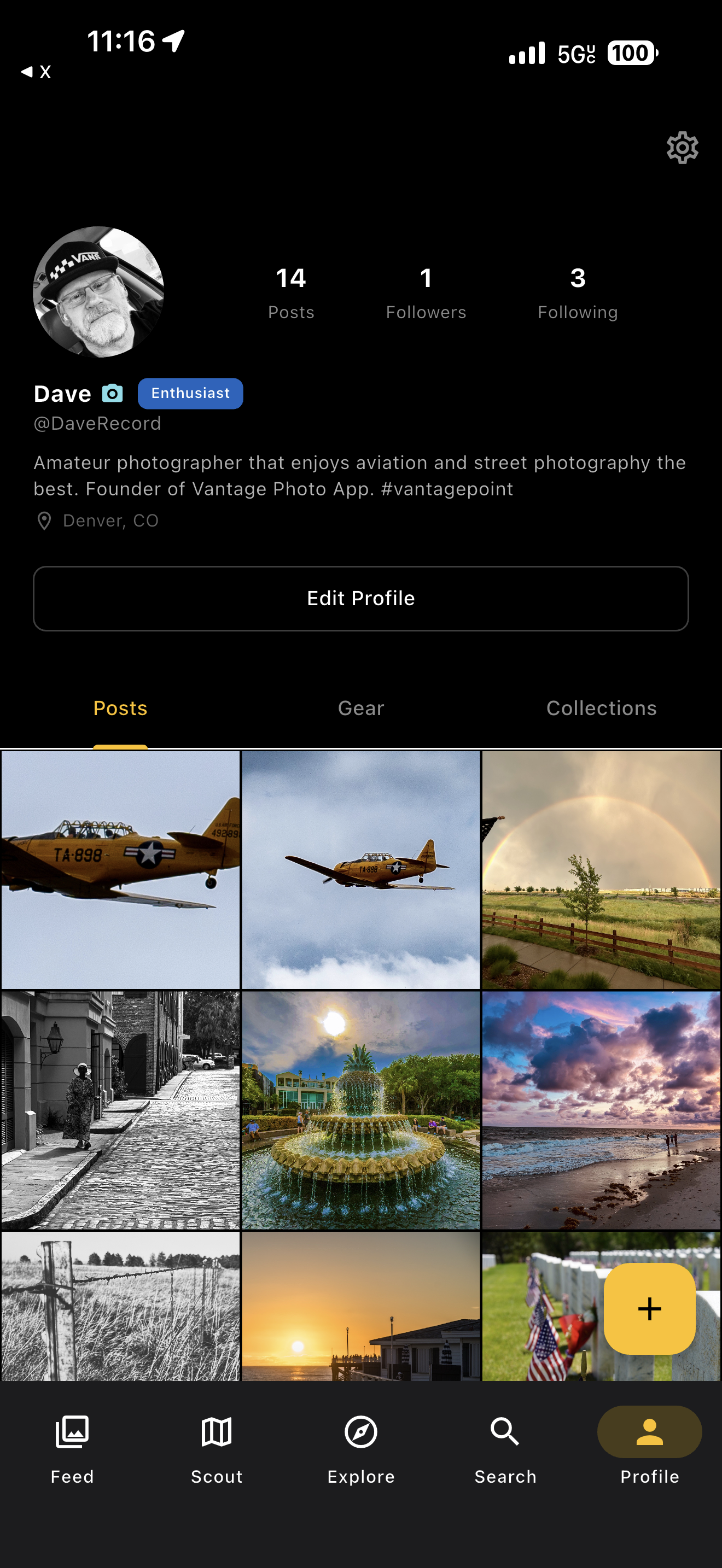 Photographer profile with post grid, follower count, and skill badge
