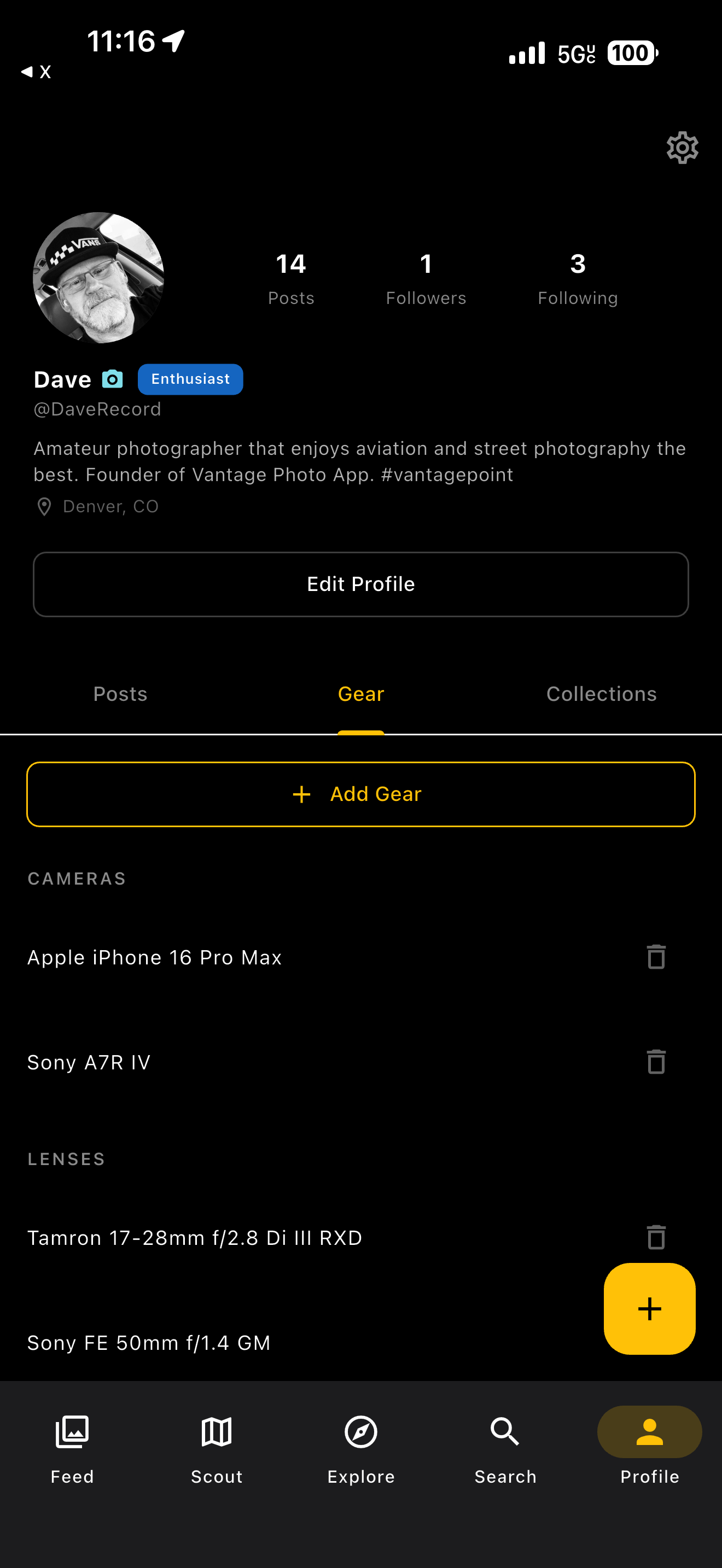 Gear tab showing camera and lens list — iPhone 16 Pro Max, Sony A7R IV, Tamron 17-28mm