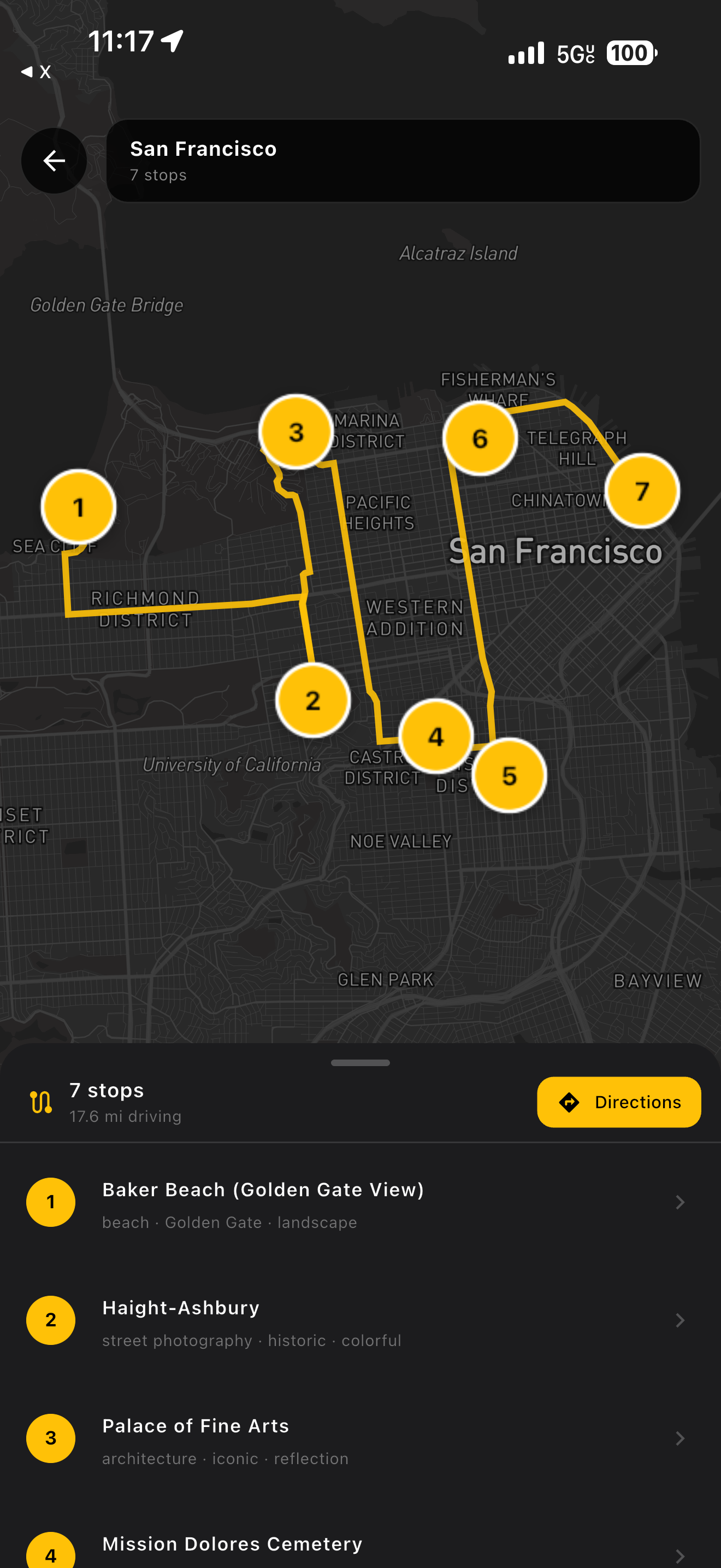 Tour route map with 7 numbered stops across San Francisco