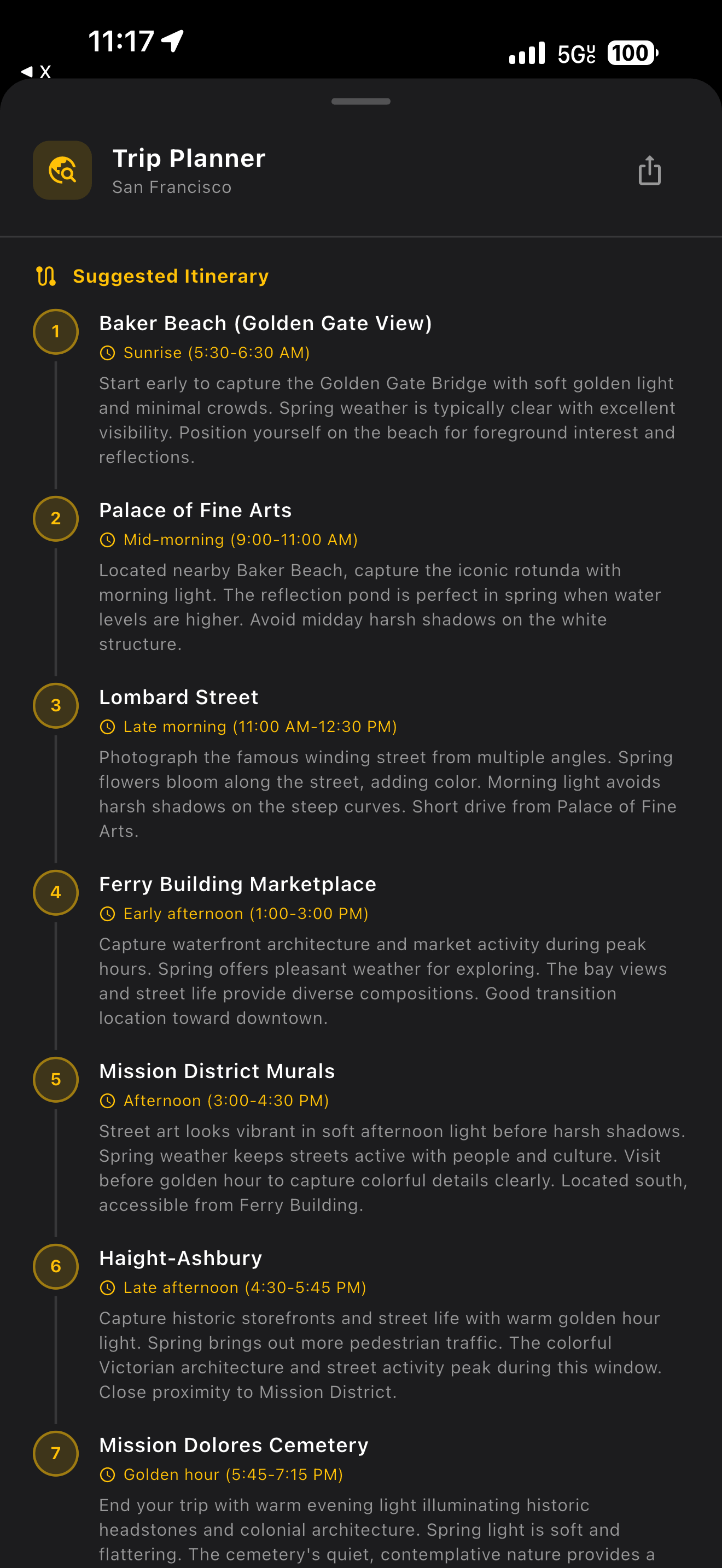 AI Trip Planner showing San Francisco itinerary with 7 stops and best shooting times