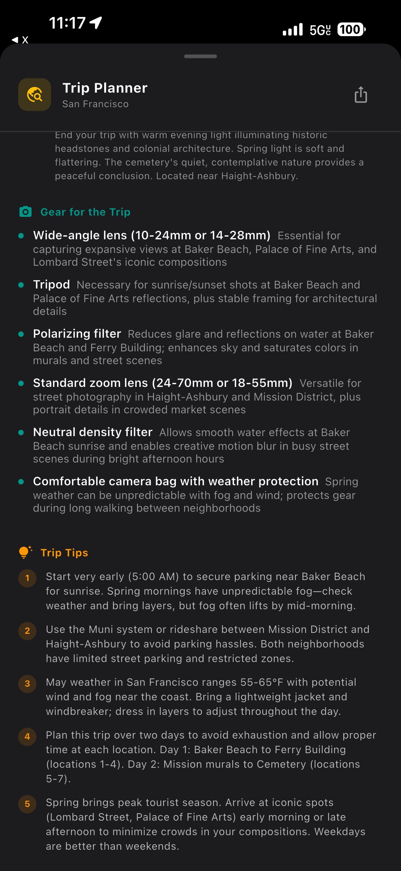 AI Trip Planner gear and tips sections for San Francisco photography trip